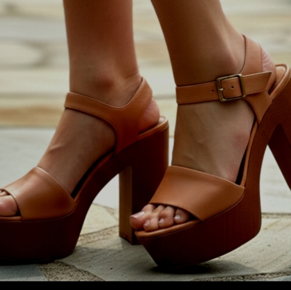 Tan Platform Block Heel Sandals - Picture 4 of 5